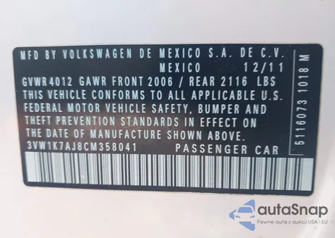 2012 Volkswagen Jetta 2.0L S z USA, uszkodzony, nr VIN 3VW1K7AJ8CM358041